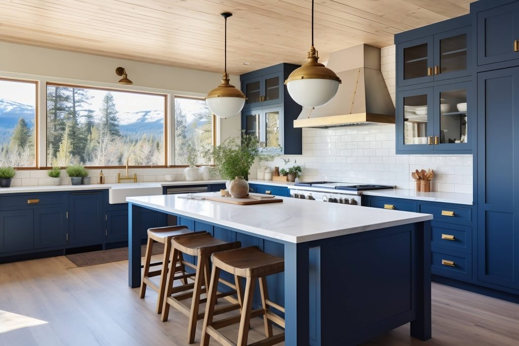 kitchen remodel in big bear, California. white marble countertops and navy blue cabinets. the kitchen is a farmhouse style kitchen.