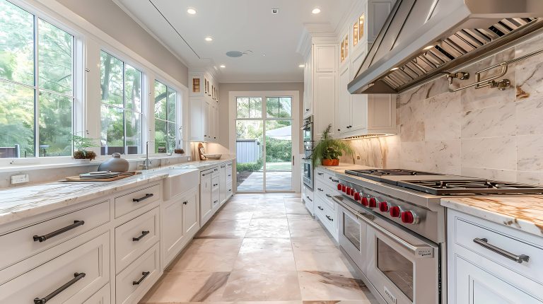 kitchen renovation in Palo Alto California. white modern kitchen with white cabinets and drawers. stainless steel appliances and marble floor.
