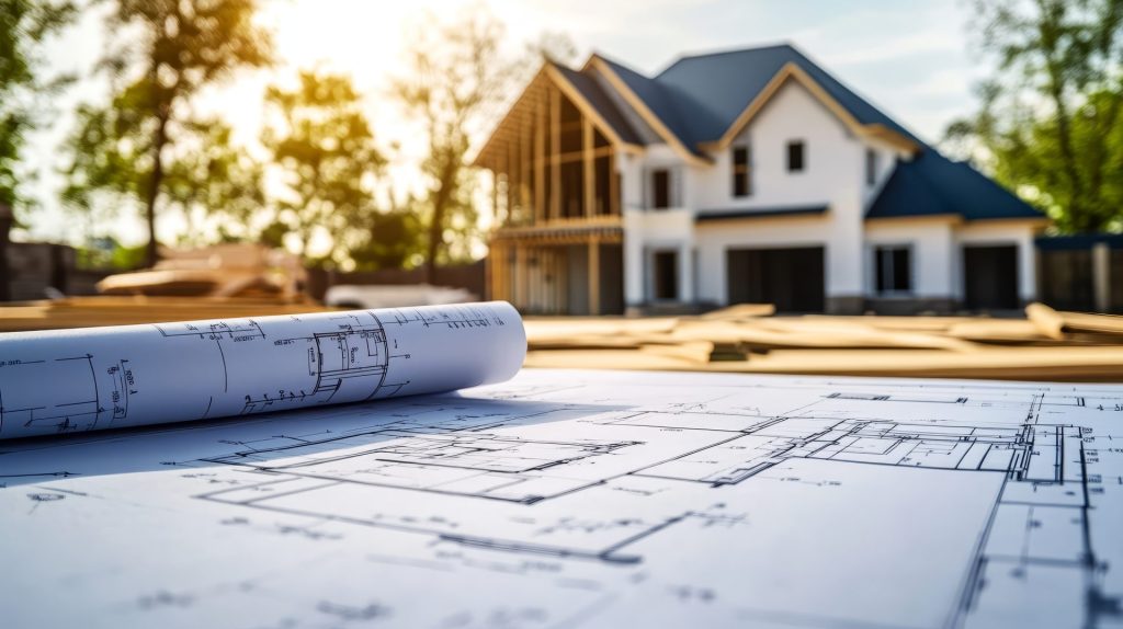 New home construction underway with blueprints in foreground, representing the build phase of a design-build project in Campbel