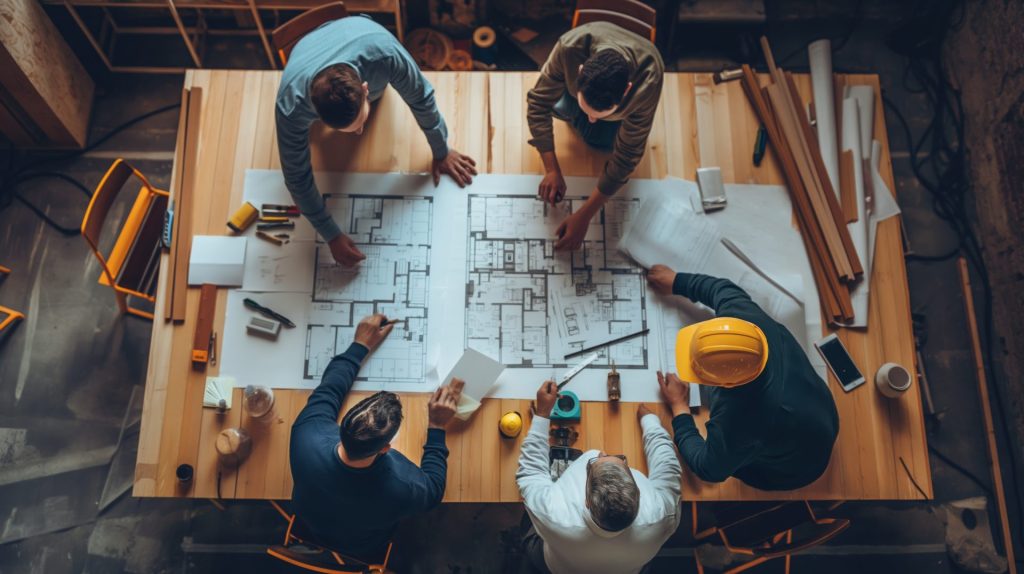 Construction team reviewing architectural plans during the initial consultation phase of a design-build project in Campbell