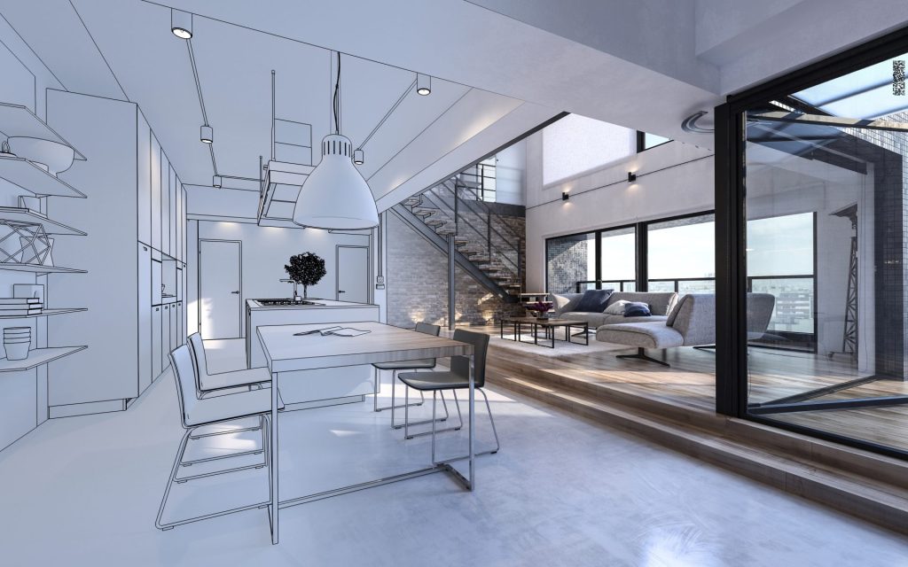 Conceptual interior design render transitioning into a finished modern space, illustrating integrated design-build services in Campbell
